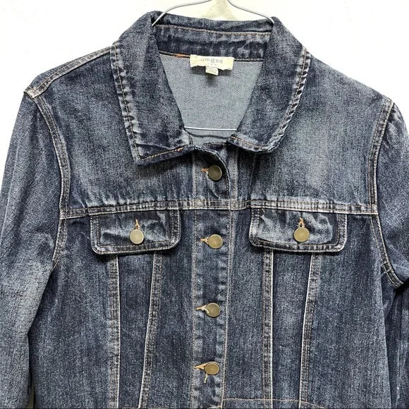 Umgee Denim Plaid Green Blue .Ruffle Hem Cropped Raw Hem Denim Jacket Small - Picture 2 of 7